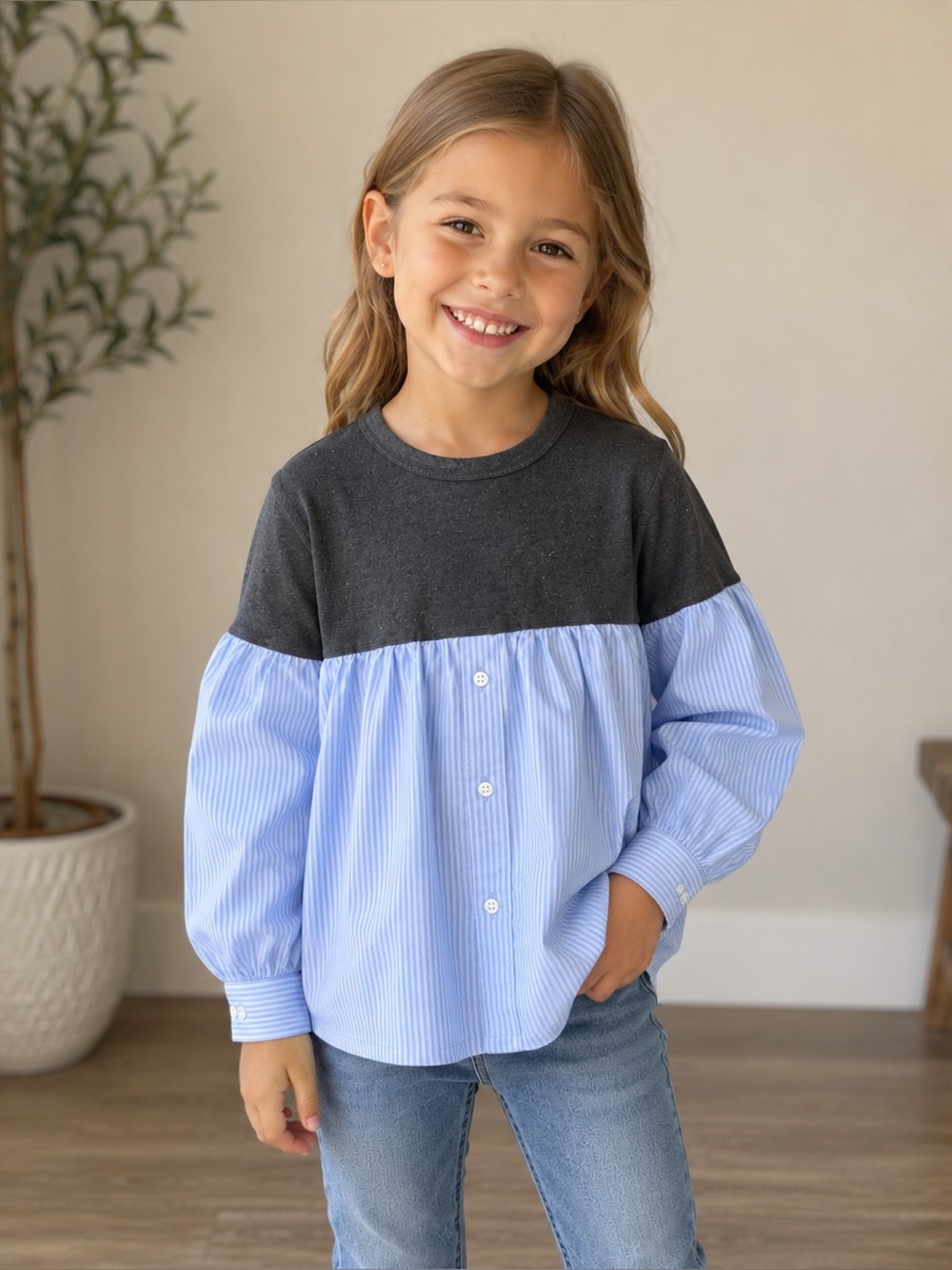 NWT The Sunday Collective Grey and Blue Stripe Blouse